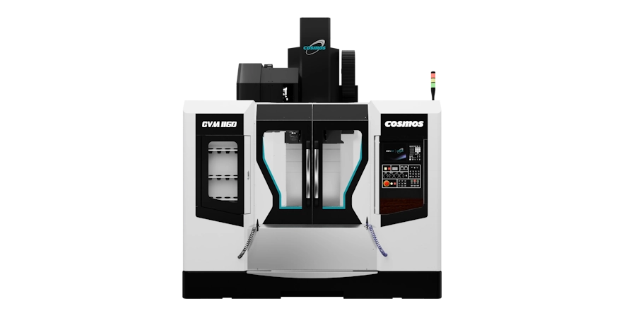 Close-up of a COSMOS vertical machining centre cutting a part
